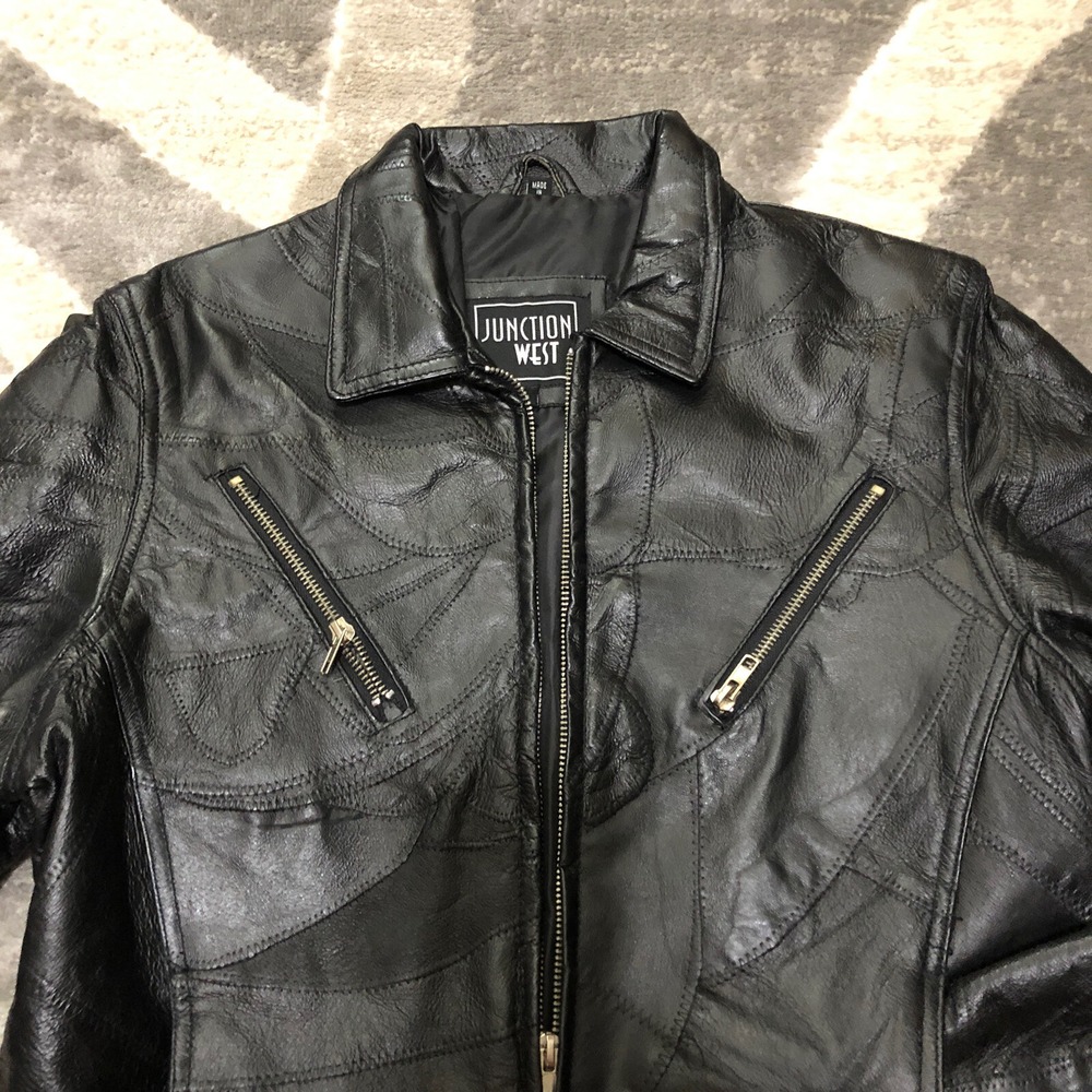 VTG Junction‎ West Leather Biker Jacket Women Large Black Patchwork Zip Short